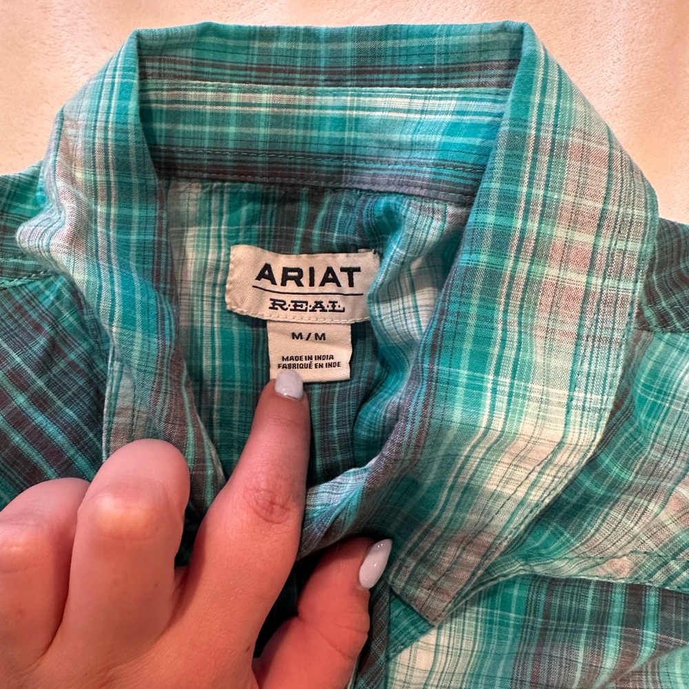 Ariat Women’s Teal Plaid Button Down Shirt - Picture 2 of 7